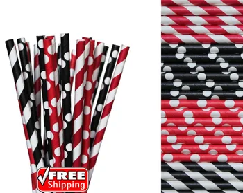 

200pcs Mixed 4 Designs Black and Red Themed Paper Straws-Stripe,Polka Dot Ladybug Birthday Karate Party Decor Baby Shower Cute