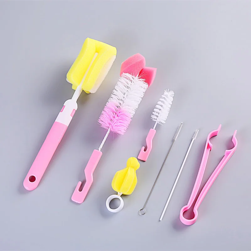 7 pcs/set Sponge Plastic Bottle Brushes Cleaner Bottle Clamp Nipple Clip Glass Milk Bottle Cleaning