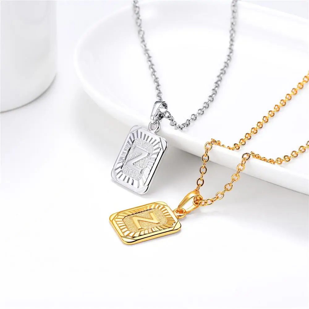 U7 Square Letters Necklaces Pendant Chain Necklace for Women Men English Initial Name Alphabet Jewelry Best Birthday Gifts P1196 - Окраска металла: Z