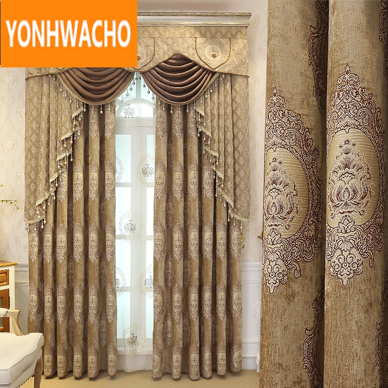 

Custom curtains bedroom high-grade European thick chenille jacquard brown cloth blackout curtain tulle valance drape B018