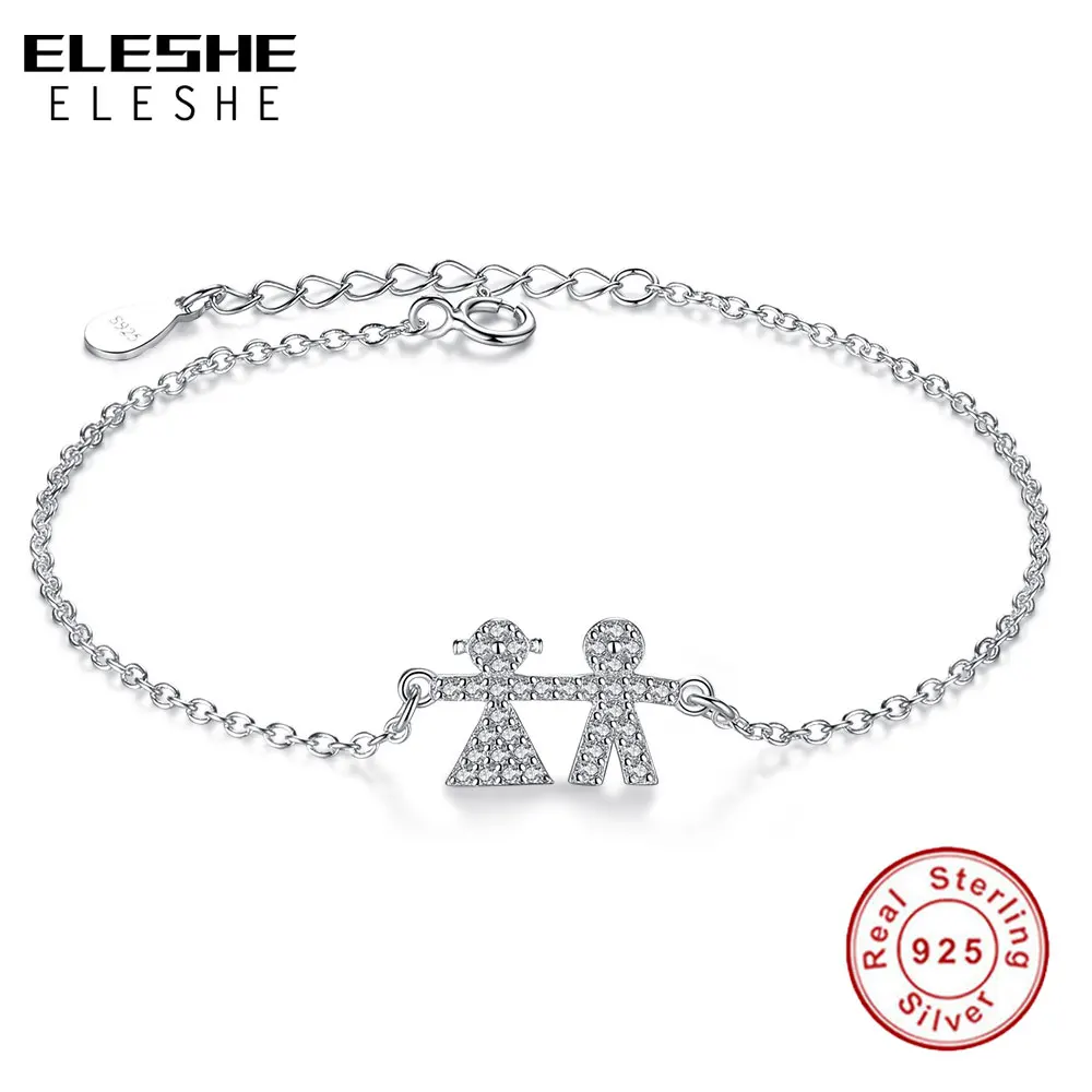 ELESHE Lovely Cute Jewelry 925 Sterling Silver Link Chain Bracelet Pave Crystal Boy And Girl Charm Bracelet For Women Wedding