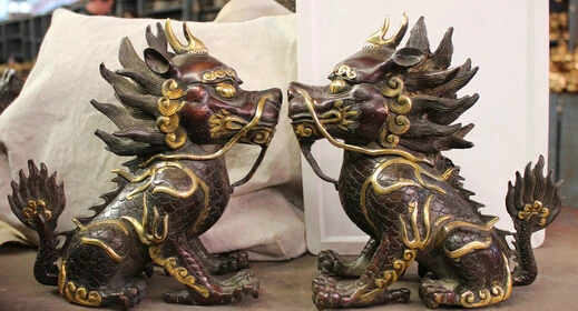 

JP S0524 9" Chinese Fengshui Bronze Gilt Dragon Kylin Unicorn Beast Pixiu Statue Pair