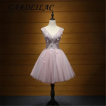 

Gardlilac V-neck Applique Pearls Short Bridesmaid Dress Pink Ball Gown Knee-Length Wedding Party Dress Lace up vestido madrinha