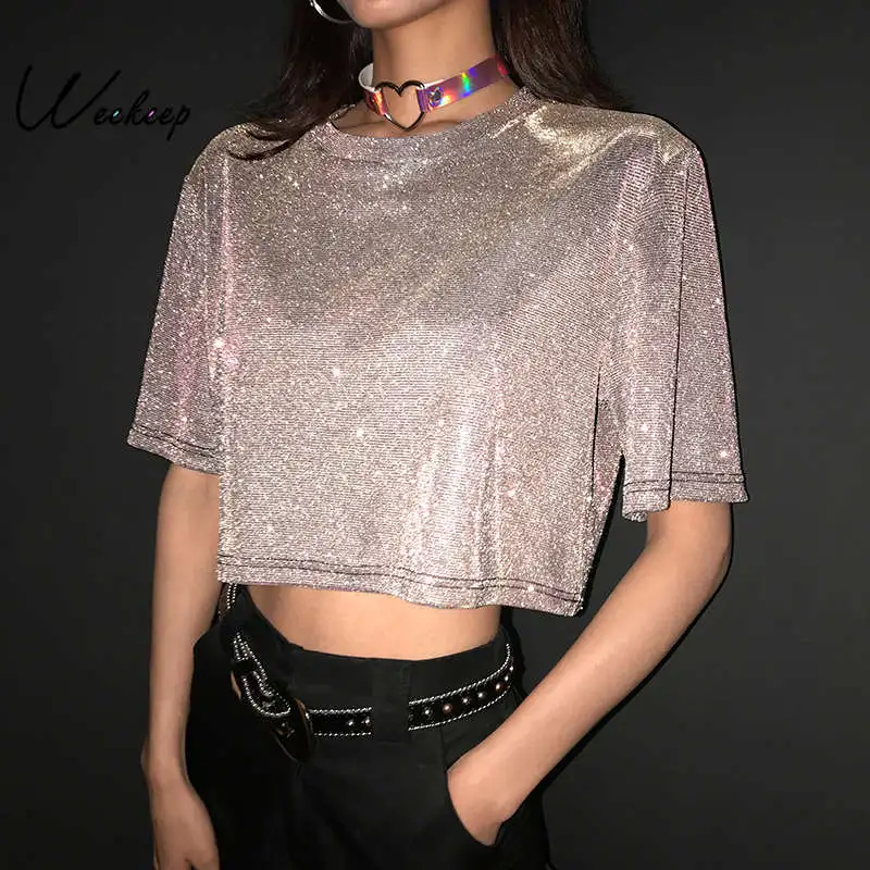 

Weekeep Cropped Loose Shinning t shirt Women O-neck Short Sleeve Streetwear Tee Shirt Femme 2019 Summer Hip Hop Crop Top