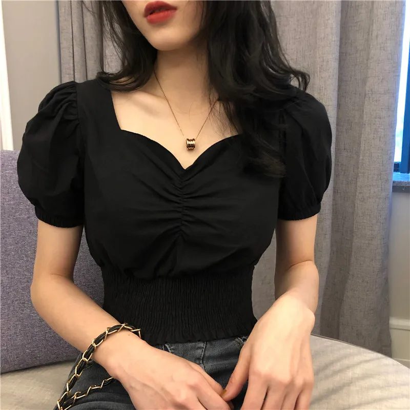 

2019 Summer Vintage Short Sleeve Sexy V Neck Blouse Black Crop top Party Club Woman Shirts Korean Chic Blouse Blusas Mujer