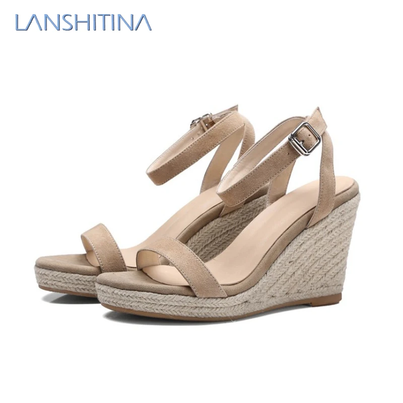 

The new spring and summer 2017 leather wedge hemp rope women's frosted sandals buckle peep-toe shoes high heels