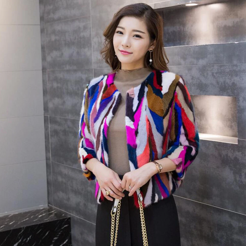 

2019 Patchwork O Neck Short Jacket Real Mink Fur Coat Natural Fur Big Size Customize Fur Waistcoat ksr244