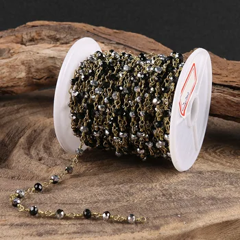 

Titanium Silver Black Glass Rondelle Glass Beads Chains Jewelry,Faceted Abacus Wire Wrapped Brass Links DIY Necklace 5 meter