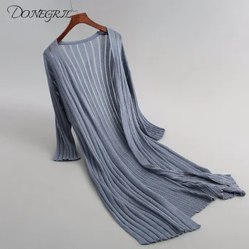 

New Spring Summer Women Thin Cardigans Female Solid Color Side Split Long Shawl Office Lady Ice Silk Knitting Cardigan Coat