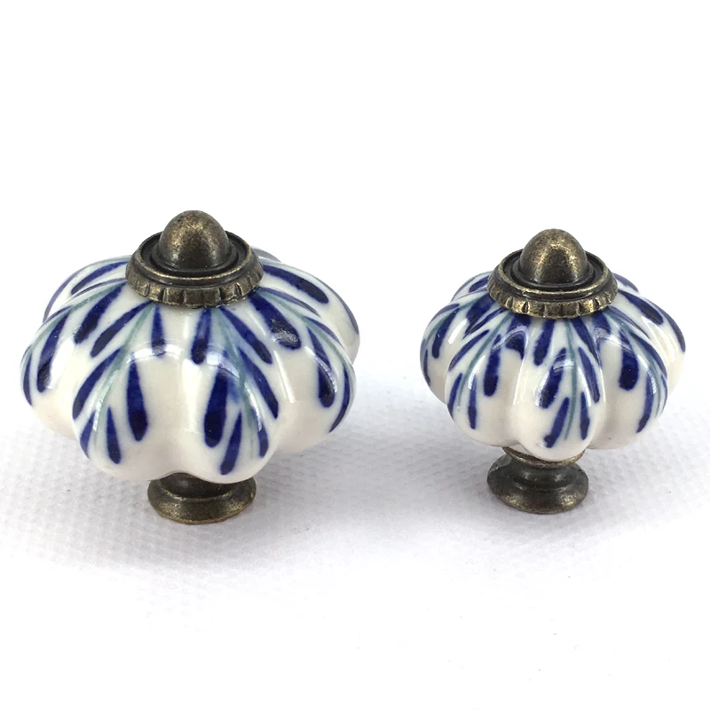 

6PCS Blue Leaf Painted Ceramic Pumpkin Cupboard Cabinet Knobs Door Drawer Bedroom Furniture Handle Pulls