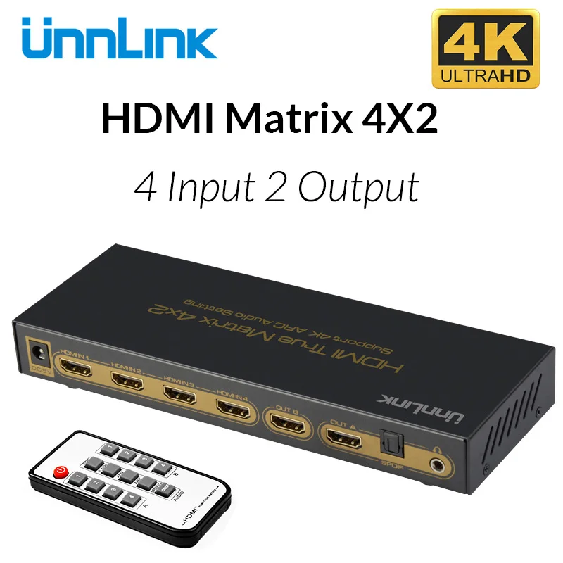 

Unnlink HDMI Matrix 4X2 UHD 4K@30Hz HDMI Splitter Switcher Audio Extractor HIFI 5.1 Toslink+3.5 Jack ARC for Chromecas projector