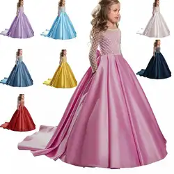 Платье с цветочным узором для девочек Бальные платья из атласа с длинным рукавом и драпировкой на пуговицах для маленьких девочек