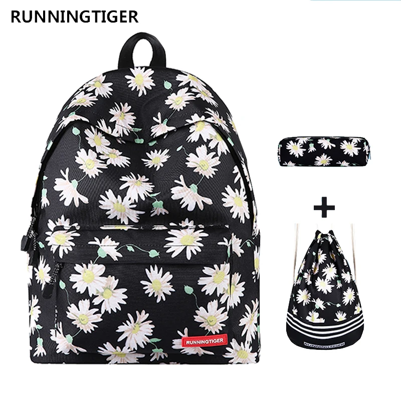 

RUNNINGTIGER Women Backpack 3pcs Sets School Bags for Teenagers Printing Backpack With Drawstring Bags and Pencil Case