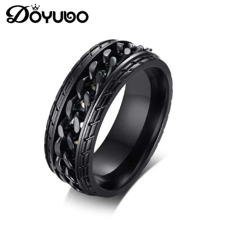 

DOYUBO New Design Men's Stainless Steel Black Tyre Rings European Punk Style Spinner Ring Jewelry Engraved Name Male Ring DA087