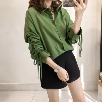 

Fashion Women College Wind Pocket Lapel Long Sleeve Solid Color Loose Shirt Versatile Shirts