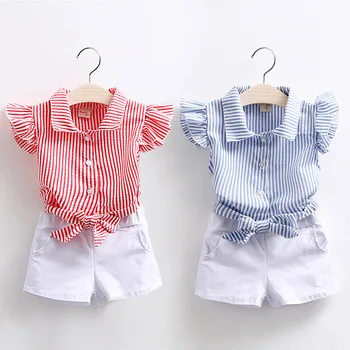 

2018 Summer 2 3 4 5 6 7 810 Years Teenage Young Kids Girl Cotton Striped Fly Sleeve Shirt+White Shorts 2 Piece Outfits Suit Sets