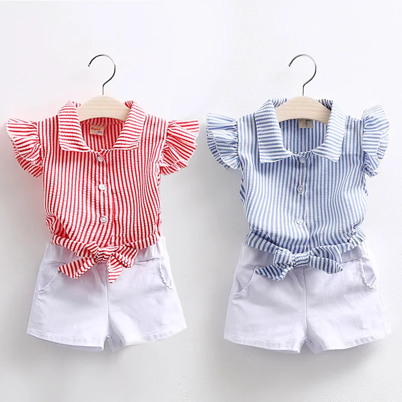 

2021 Summer 2 3 4 5 6 7 810 Years Teenage Young Kids Girl Cotton Striped Fly Sleeve Shirt+White Shorts 2 Piece Outfits Suit Sets