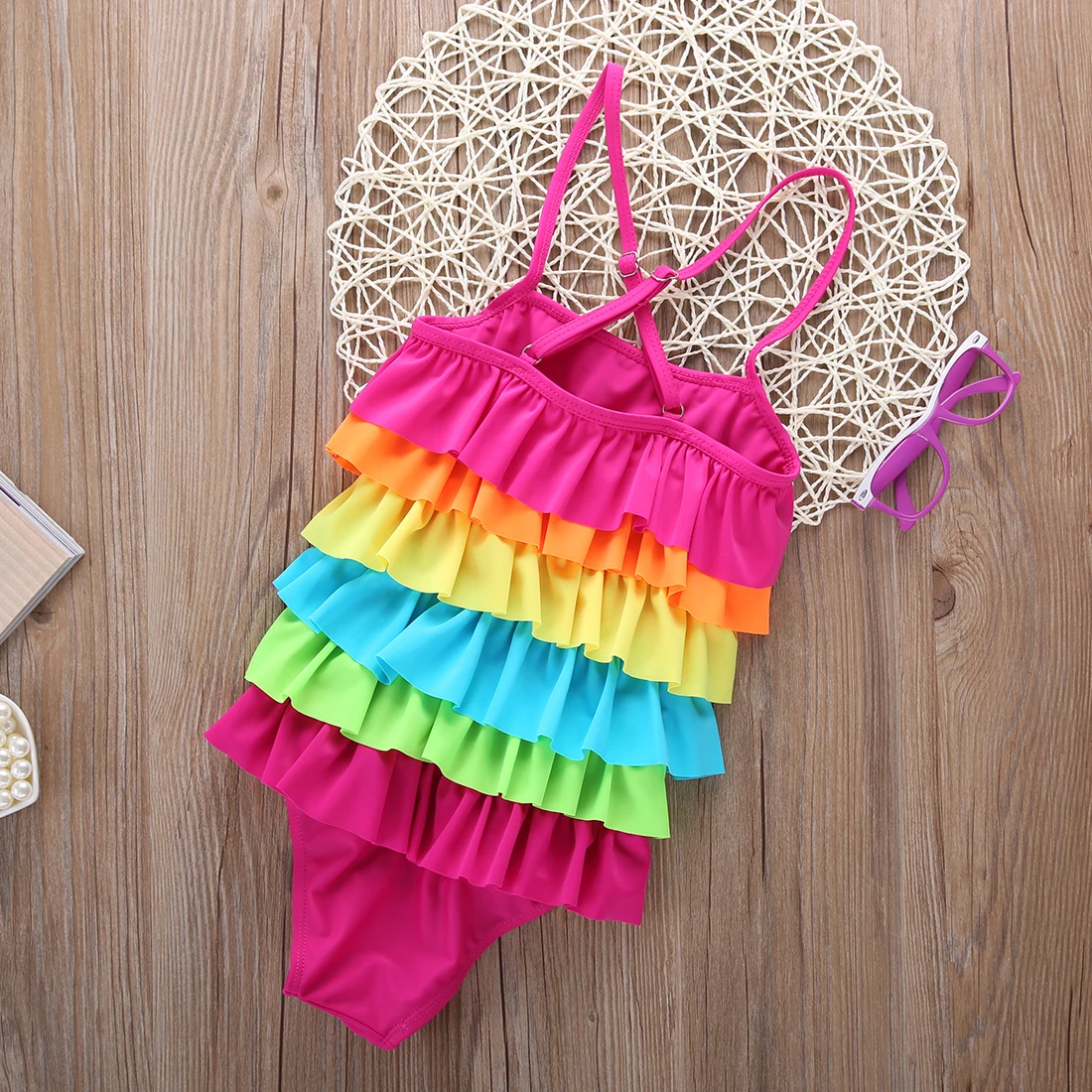 

One-piece Little Girls Rainbow Swimsuit Summer Beachwear Colorful Layered Striped Bikini Swimwear Bathing Swimsuit Super CUTR