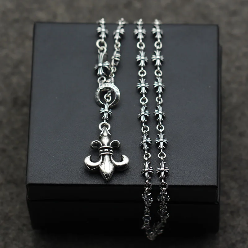 

S925 Sterling Silver Retro Thai Silver Old Anchor Cross Adjustable Sweater Personality Men And Women Pendants Necklace