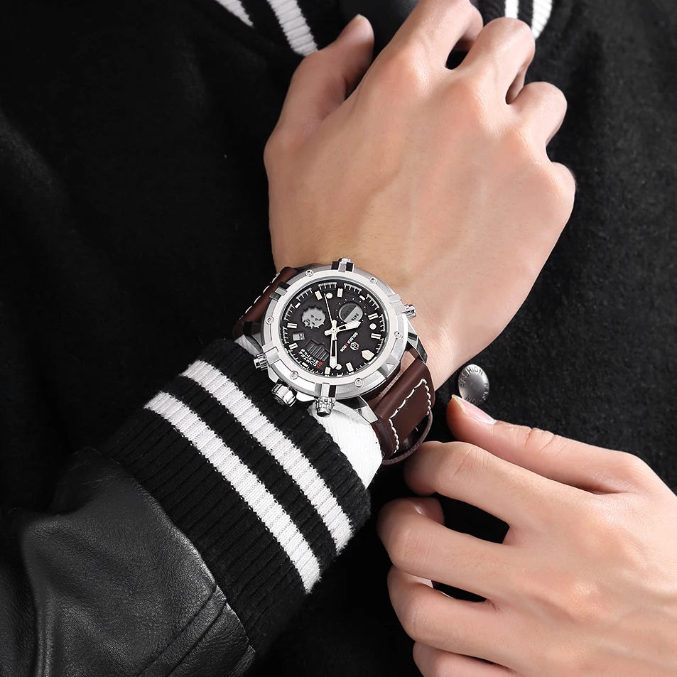 GOLDENHOUR для мужчин s часы лучший бренд класса люкс кварцевые аналоговые цифровые часы для мужчин кожа Военная Униформа спортивные наручные часы