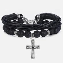 Уникальный мужской браслет из лавового камня с бусинами из нержавеющей стали с крестом, очаровательный мужской кожаный браслет, ювелирные изделия, Прямая поставка, подарки для мужчин DLB73