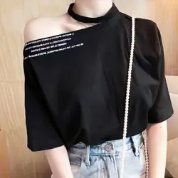 Корейский Лидер продаж половина Kpop 2019 лето новая женская футболка полые утечки плечо висит шеи свободные буквы с короткими рукавами женщин