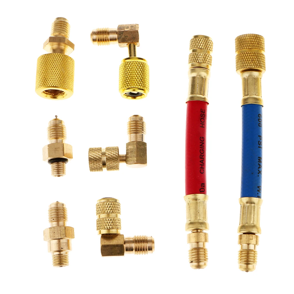 8x A/C Air Conditioning Refrigeration R134A R12 Connector Adapter Hoses Set Auto Repair Tool Multifunction Swivel Adapter Kit