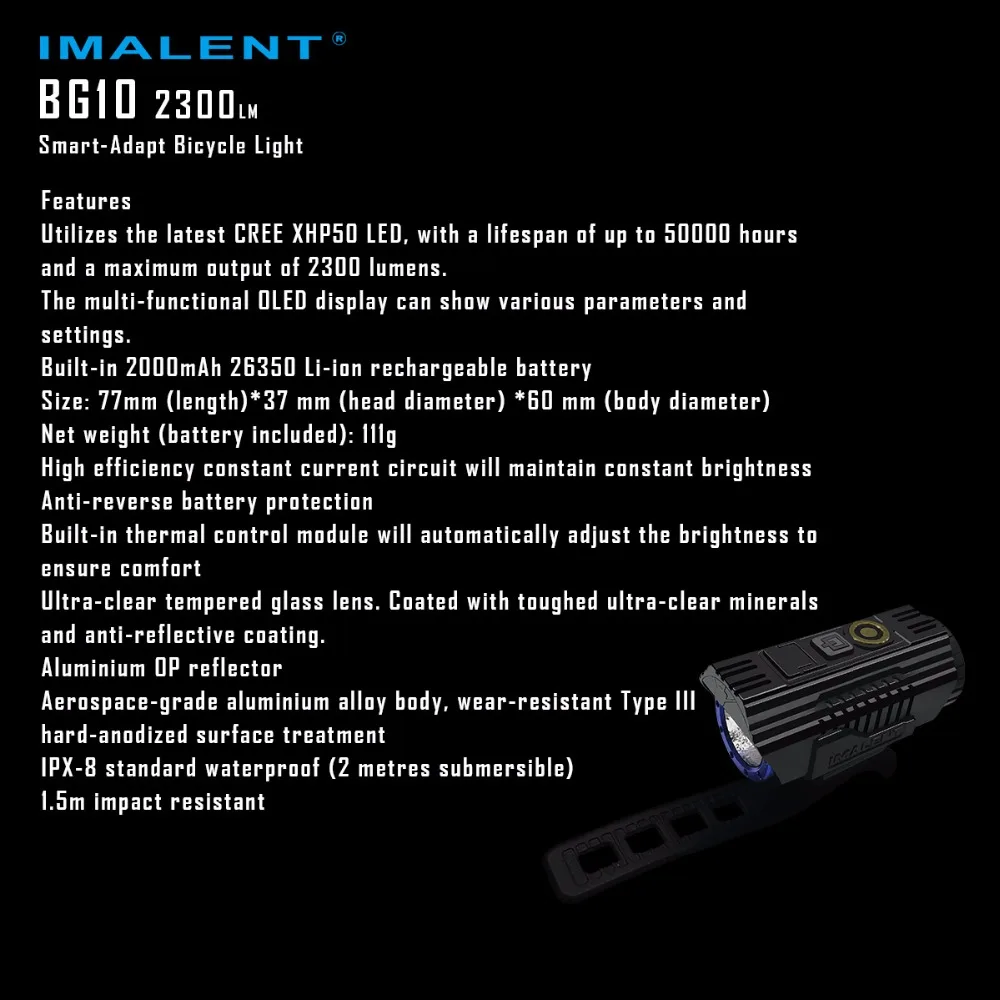 Imalent BG10 светодиодный светильник-вспышка с зарядкой от usb, велосипедный светильник CREE XHP50 2300LM, светодиодный S O светодиодный экран, водонепроницаемый велосипедный светильник+ аккумулятор 26350