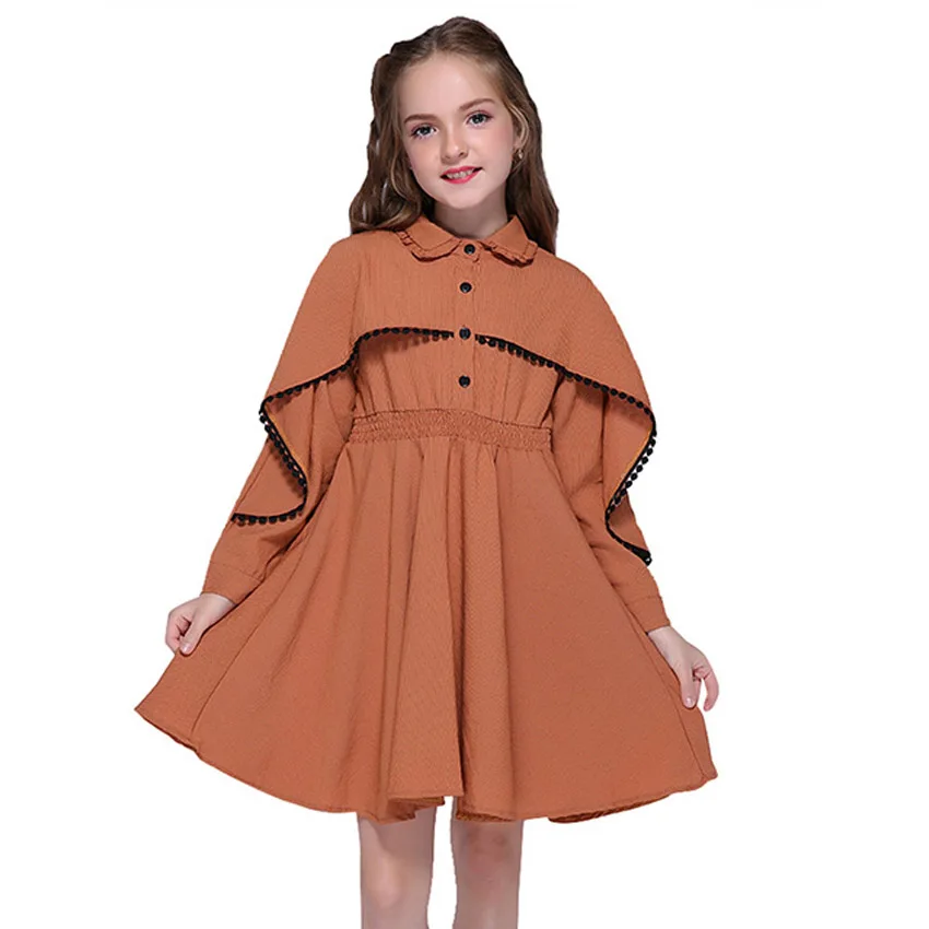 Tanie Dziewczyny jesienne sukienki dla dzieci styl angielski ubrania moda z długim rękawem solidne falbany szal sukienki strój codzienny Vestidos