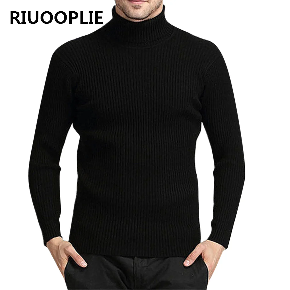 RIUOOPLIE Autumn Winter Mens Slim Fit High Neck Woolen Sweater Fashion Solid Color 3