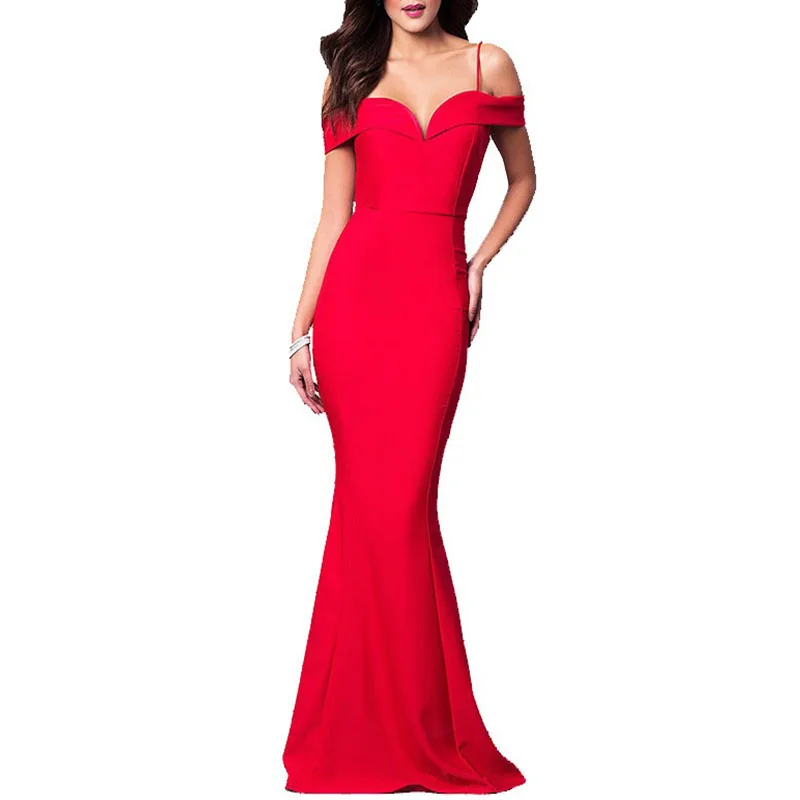 

32#Women's Dresses Summer Pure Color Sling One-Letter Collar Fish Tail Sleeveless Lady Dress