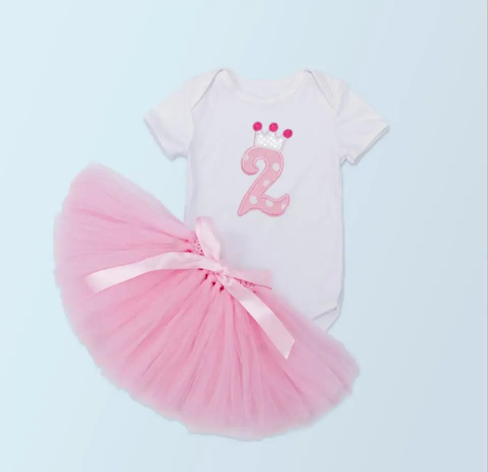 2PCs per Set Pink Baby Girl Crown Tutu Infant 2nd Birthday Party Outfit