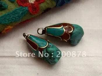 

Tibet Jewelry TBP393 Nepal handmade Vintage drop pendant,40mm,Tibetan brass capped turquoise charms,good lady gift