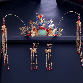 

PEORCHID Red Gold Chinese Phoenix Crown 2019 Chinese Wedding Tiara Butterfly Tassel Hairwear Traditional Bride Hair Accessories