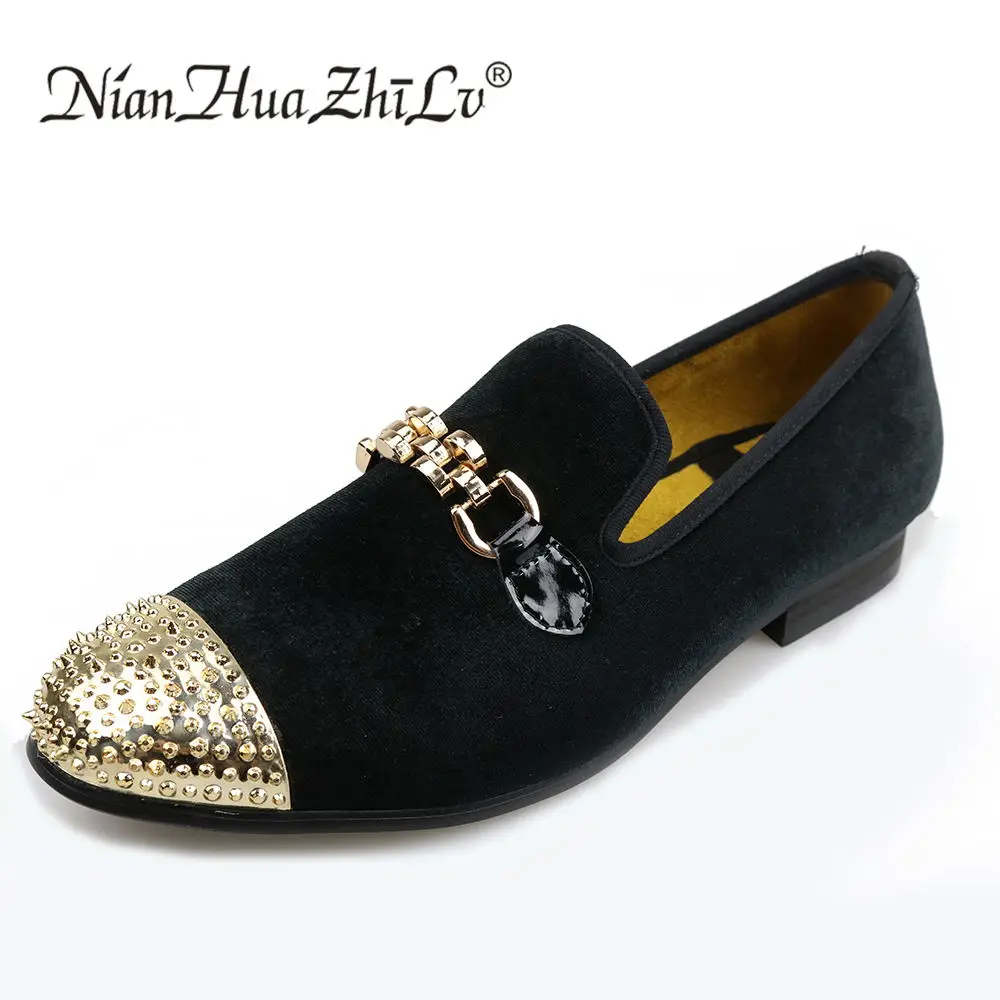 

Handmade velvet men shoes with gold chain buckle and gold toe metal party and banquet men dress loafers walking