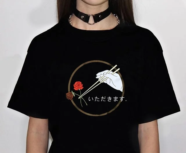 

kuakuayu HJN Happy Eating Japanese Fashion Aesthetic T-Shirt 90s Kawaii Anime tee Grunge style shirt