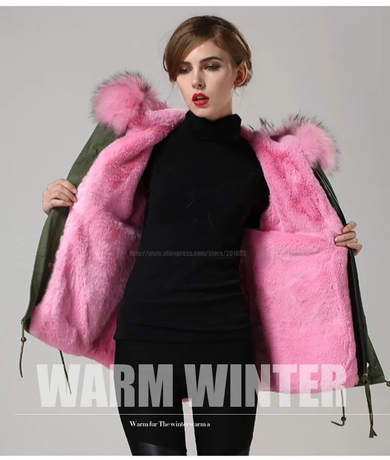 Flash Deal 2015 Real Raccoon fur parke jacket mens womens pink faux fur lined coat  fashion show outwear c0153 17