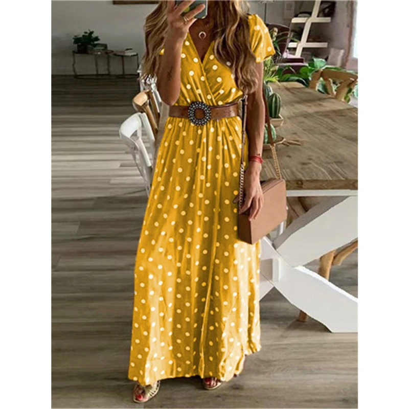 

New Fashion Women's V Neck Short Sleeve Dress High Waist Polka Dot Dress Ladies Casual Maxi Dress Holiday Party Sundress Summer