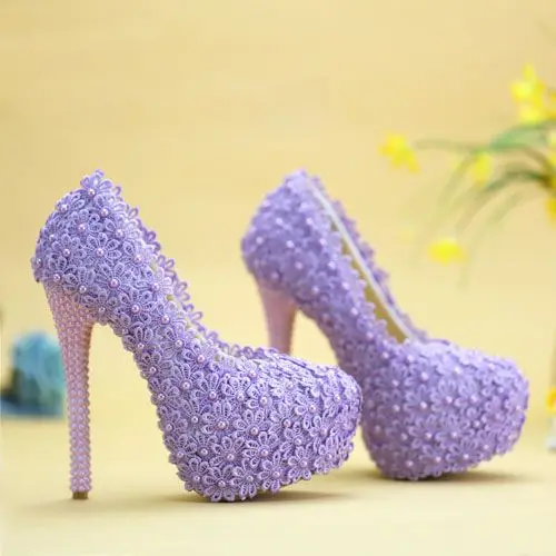

Purple lace flower party wedding shoes bride female ladies platforms NQ085 super high 14CM heel ladies dinner proms purple pump