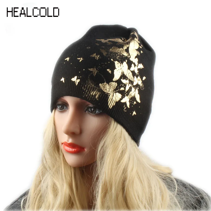 

Autumn Winter Soft Knitted Wool Hats For Women Butterfly Print Brand Beanies Female Fashion Skullies Caps