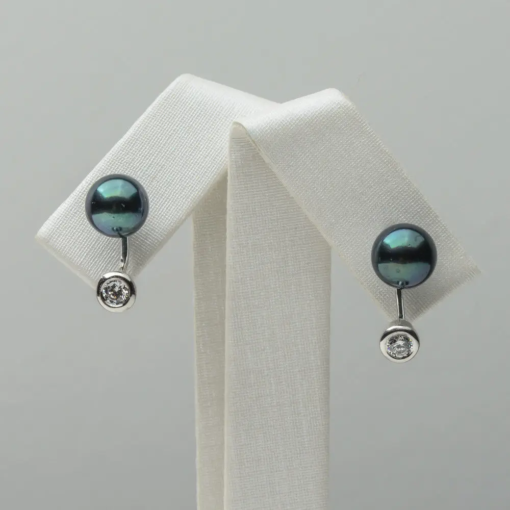 7.5-7.6mm Round Black Green Real Akoya Pearl Earrings 925 Sterling Silver | Украшения и аксессуары