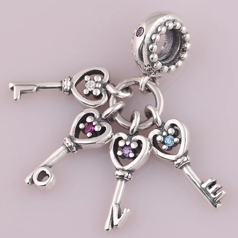 

NEW 100% 925 Sterling Silver Keys of Love Dangle Charm Red CZ & Multi-Colored Crystals Pendant For Mother Gift DIY Bracelet