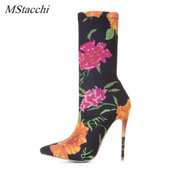 

Mstacchi Sexy Stretch High Heel Ankle Boots Women Luxury Brand Pointed Toe Boots Women Embroidery Haft Short Botas Big Size33-42