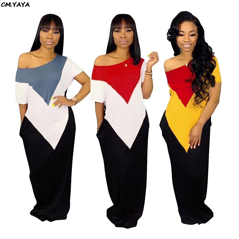 women new off shoulder splicing short sleeve slim loose maxi dress active wear casual long fashion dresses vestidos 3color TS930