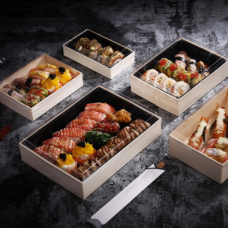 

Wrapping Box Food Tray Transparent Packing Box Wooden One-Time Dessert Square Container Noble Eco-Friendly Sushi Food Dish 1pcs