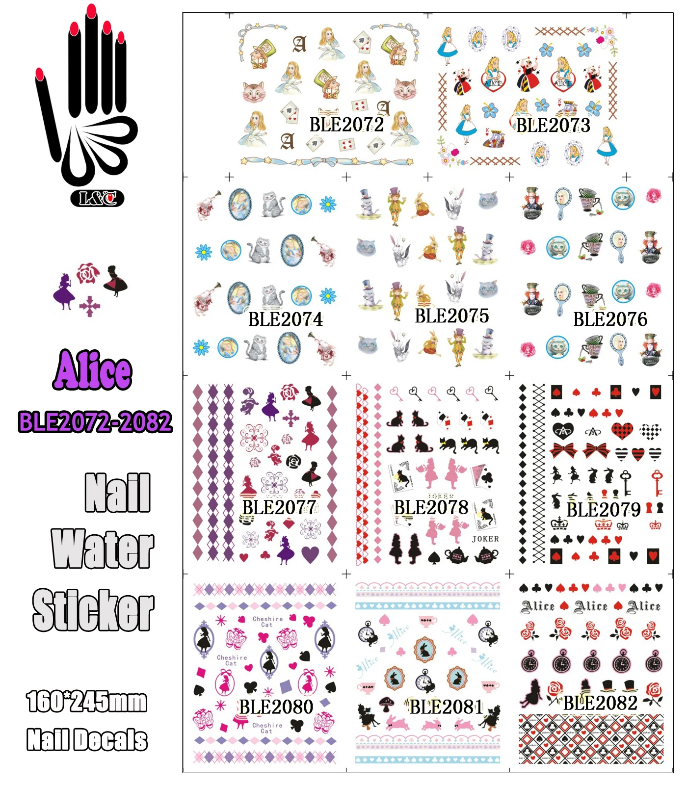 

11 Sheets/Lot Water Sticker BLE2072-2082 Cartoon Alice Bow Nail Art Water Sticker for Nail Art Decoration(11 DESIGNS IN 1)