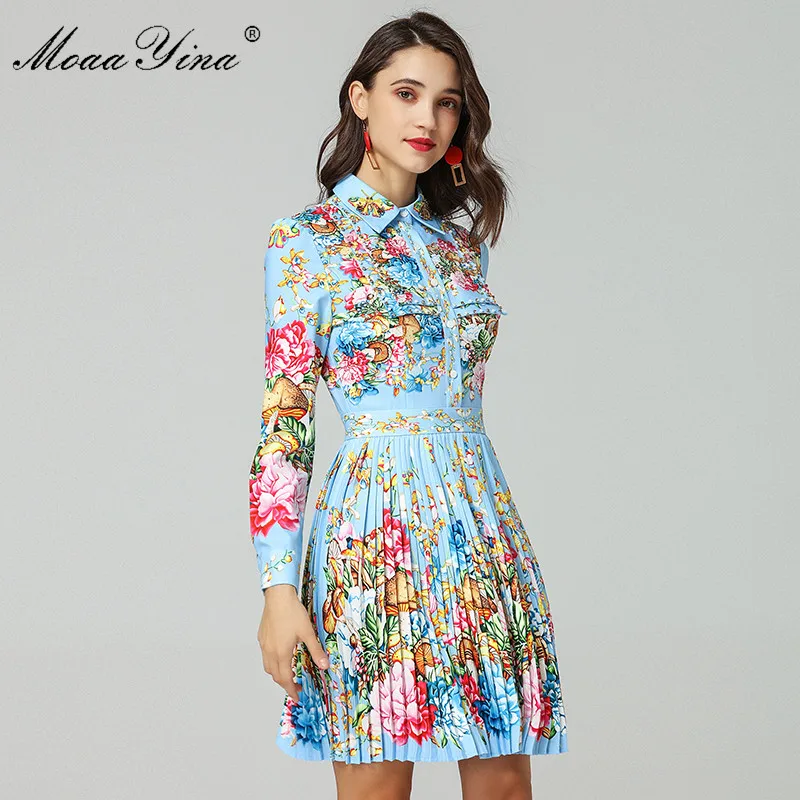 

MoaaYina Fashion Designer Runway Dress Spring Women Long sleeve Turn-down Collar Beading Floral Print Elegant Pleated Dress