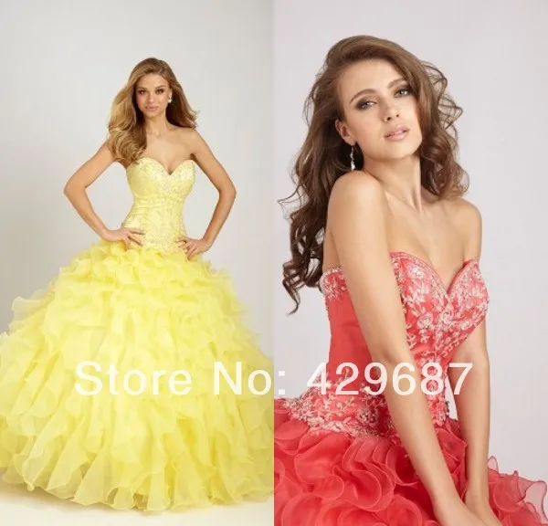 Elegant Strapless Ball Gown Embroidery Lace-up Prom Floor Length Party Custom Made Yellow Organza Quinceanera Dress DL1309925 | Свадьбы и