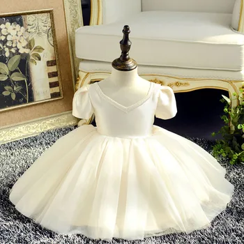 

V-neck Princess Party Vestidos Short Sleeve Satin Tulle Patchwork Flower Girl Dresses for Wedding Ball Gown Kids Formal Dress