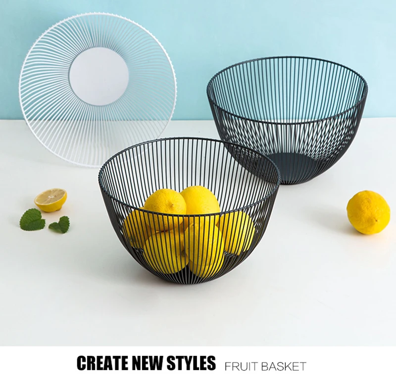 Home Storage Basket Fruit Basket Wrought Iron Hollow Desktop Snack Round Baskets Living Room Organizer Kitchen DecorationB3